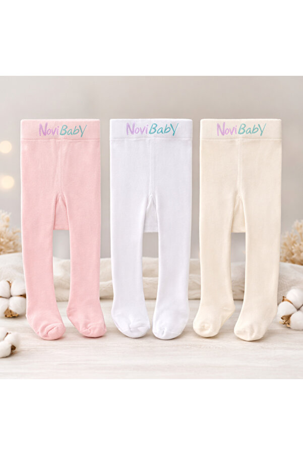 Novibaby 3'lü Bebek Pamuklu Külotlu Çorap, Çocuk Yenidoğan Pamuk Kız Erkek Okul Çorabı, Beyaz Ekru Pembe