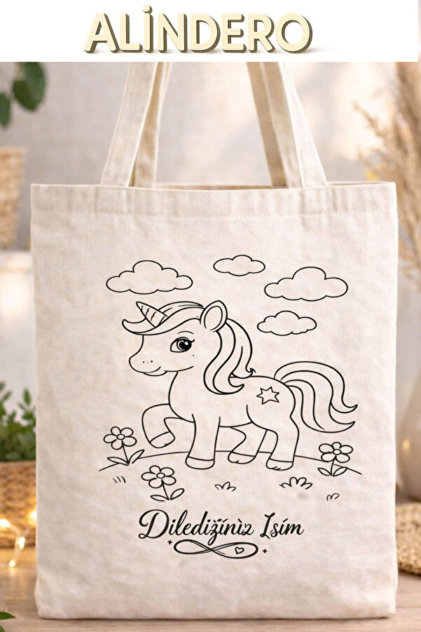 Alindero Kişiye özel isimli bez çanta çocuk boyama çantası UNİCORN tote bag Doğum günü hediyesi