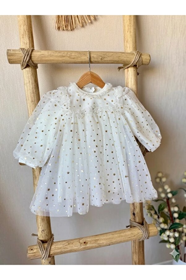 MİNİKİNCİBABY Yıldız Baskılı Fırfırlı Kız Bebek Doğum Günü ve Özel Gün Elbisesi - Beyaz