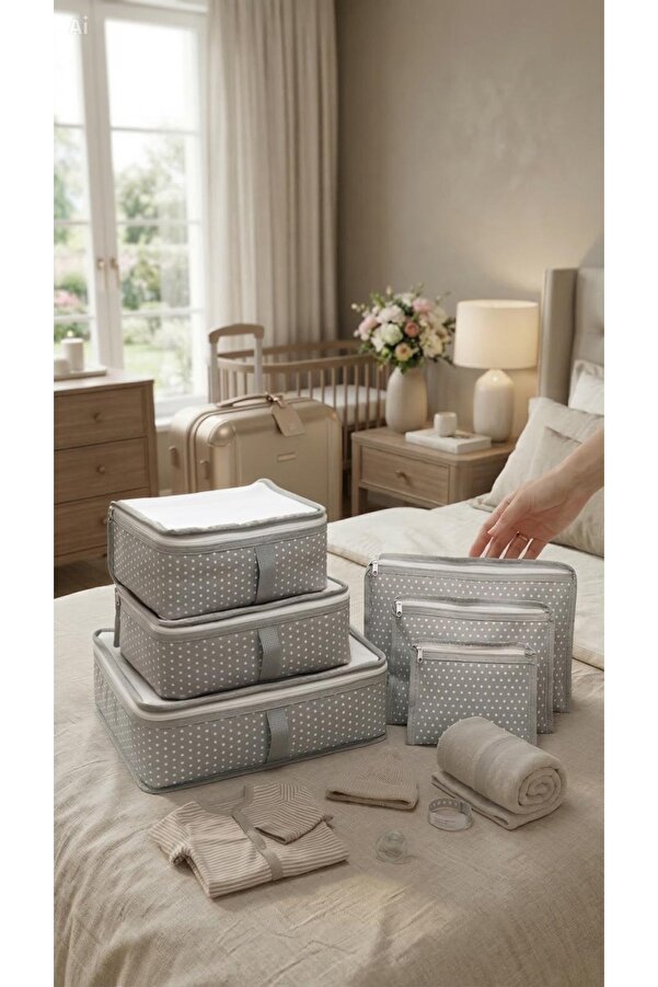 GÜRAY LİFE Puantiye Desen Baby Doğum Bebek Bakım Çantası 6 Parça