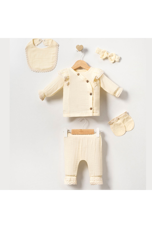 Pure Kids Store %100 Organik Pamuk Müslin Kız Bebek Kıyafet Takımı 5 Parça Yenidoğan 0-3 Ay