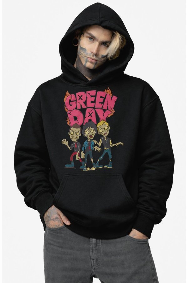 Fuddy Moda Unisex Green Day Zombie Version Printed Hooded Sweatshirt, Oversized Rock Band Themed Hoodie