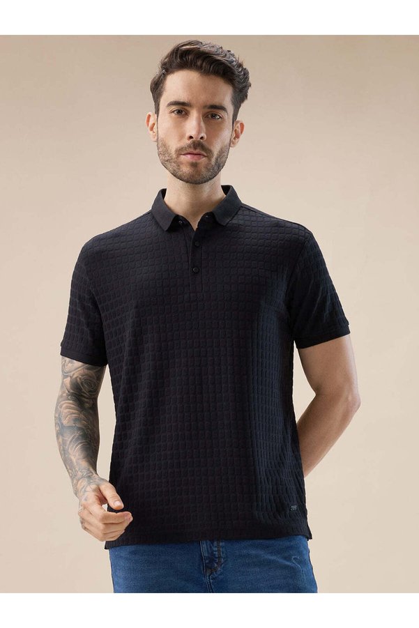 STATUS QUO Textured Regular Fit Black Polo T-shirt