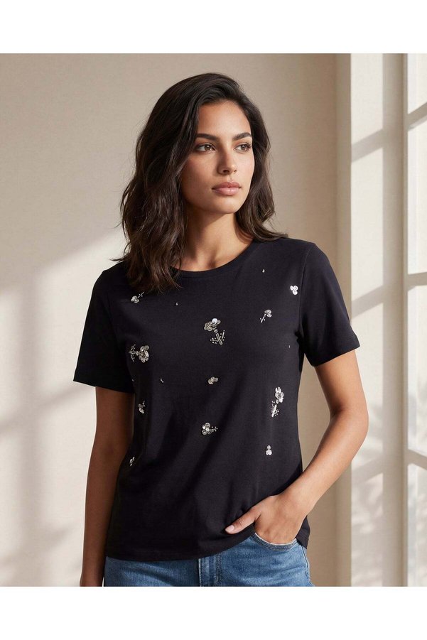 REDTAG Women Black Embellished T-Shirt