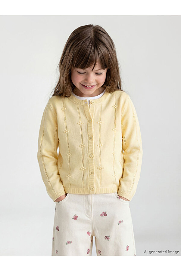 LC Waikiki Sarı Bisiklet Yaka Ajurlu Kız Çocuk Triko Hırka