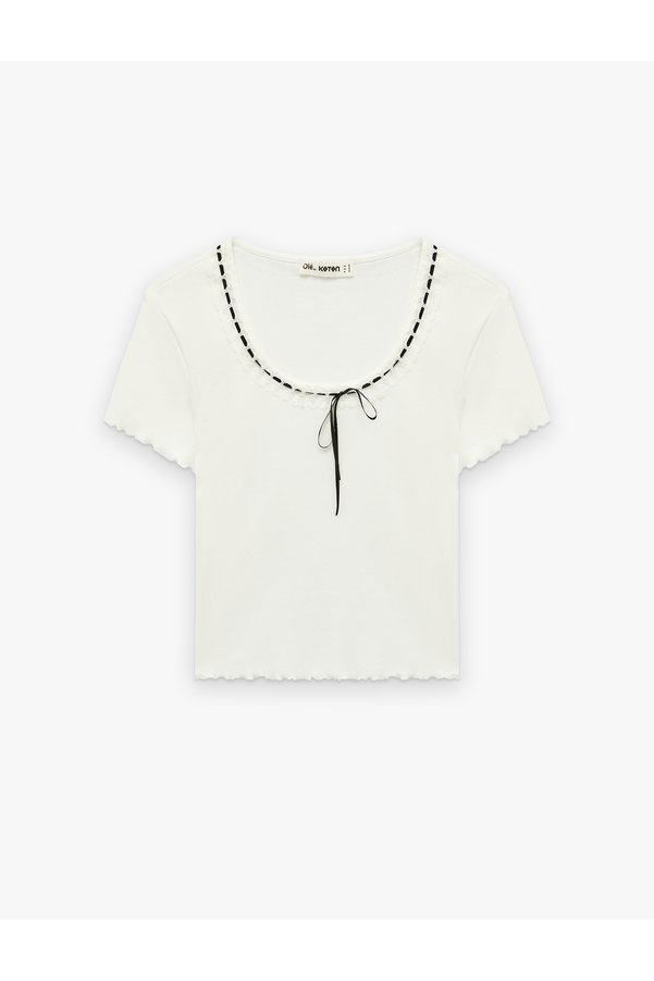 Koton Cotton Pack U-Neck Short Sleeve Slim Fit Bow T-Shirt
