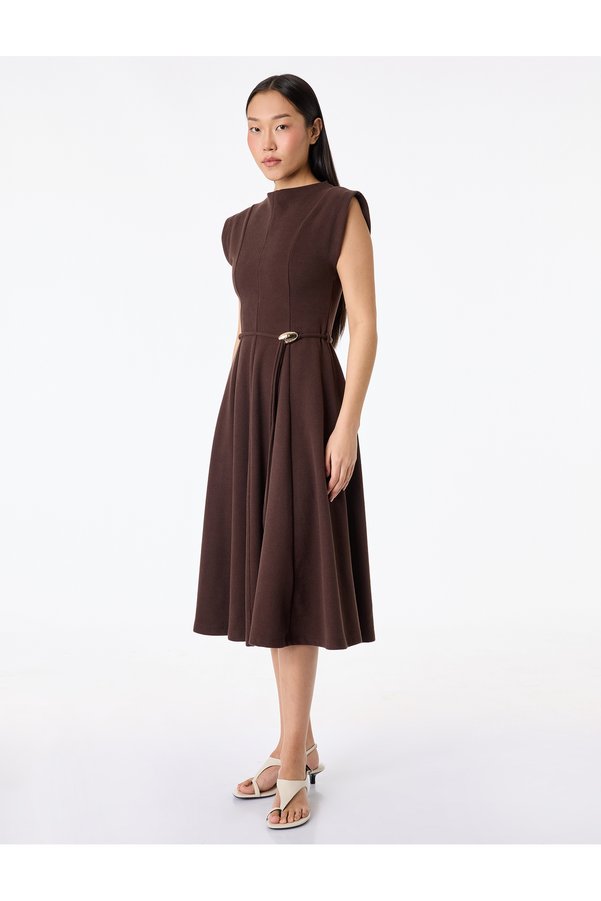 Koton Sleeveless Crew Neck Belt Piece Midi Dress