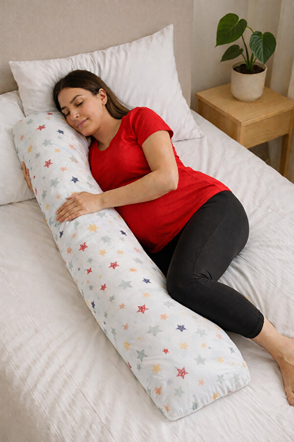 BeybiNest Hamile Yastığı ve Destek Yastığı Organik Pamuklu Renkli yildizlar desen 120x40 cm