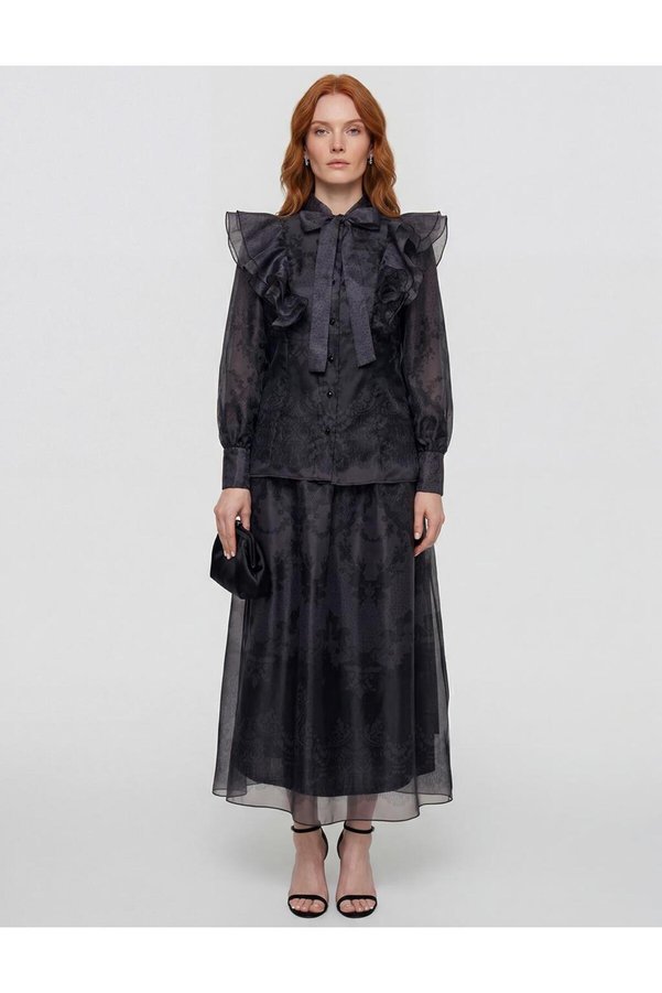 Kayra Shawl Collar Organza Set Black