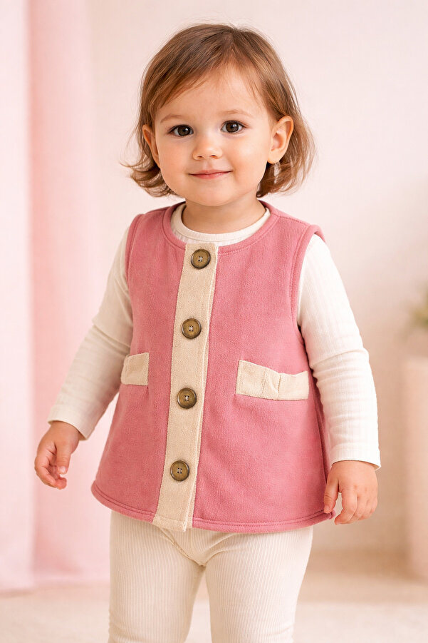 almira anne bebek Yazlık Kız Bebek Yeleği Gül Kurusu Renkli ve Fermuarlı