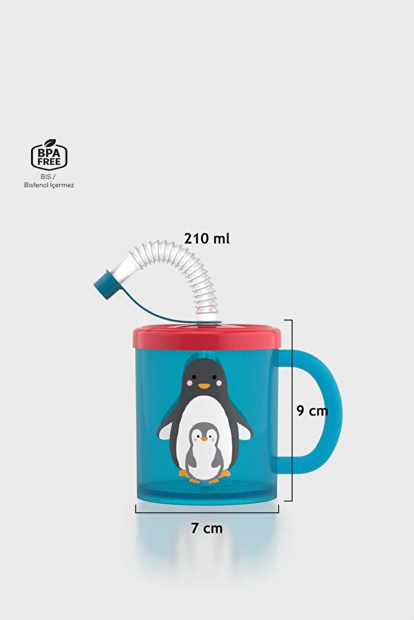 Renga Ruby Penguen Desenli 210 ml Pipetli Kulplu PP Bebek Bardağı 142003 Mavi-Kırmızı