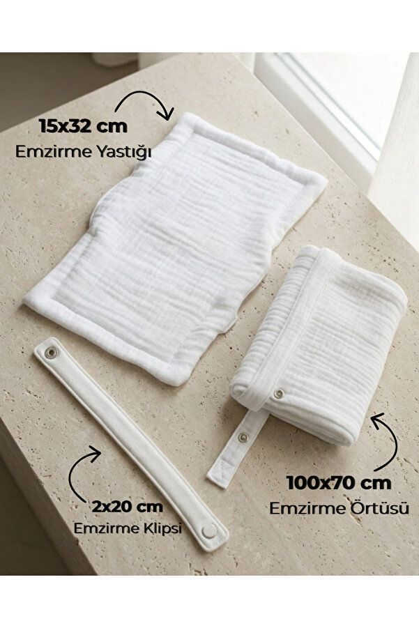 Joyous Mom Kids 4 Katlı Müslin Bebek Emzirme Seti Emzirme Yastığı, Emzirme Klipsi, İç Göstermez Bebek Emzirme Örtüsü