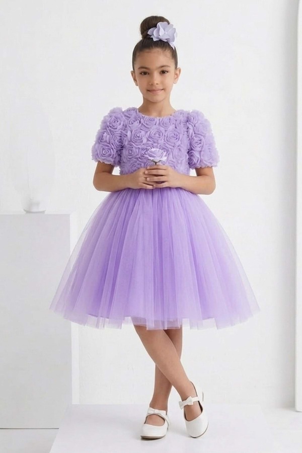 Mnk Baby&Kids Luvia Kısa Kol Kız Tütü Abiye Elbise M00811 LİLA