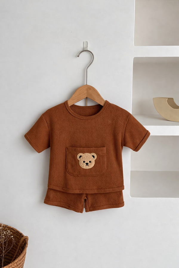 Bubito Ayılı Cep Görselli Pamuklu Yazlık Bebek Çocuk Şort Takım-Kahverengi