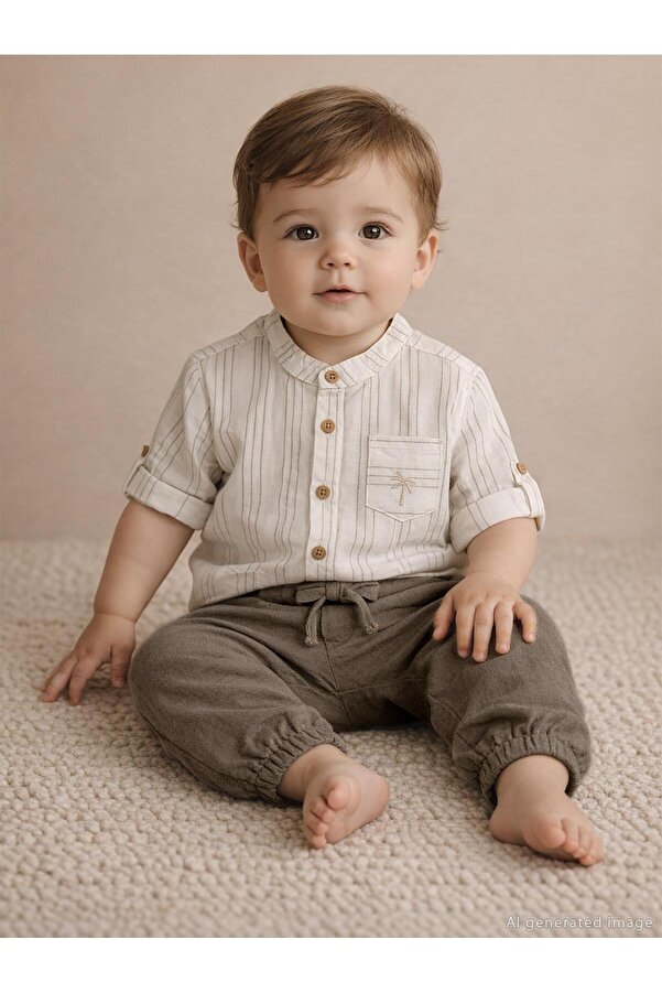 Civil Baby Çizgili 6-18 Ay Gömlek - Ekru 9-12 Ay