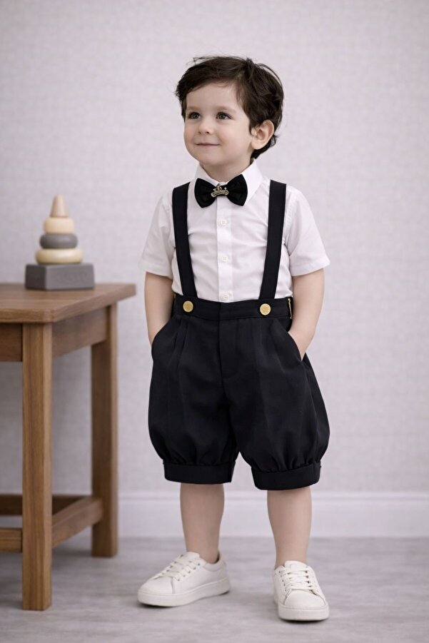 tubibebe Siyah & Gold Pileli Şort Salopet Takım - Erkek Bebek Doğum Günü Kıyafeti - Özel Gün Kostümü