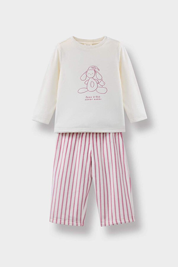 Defacto Pijama Takımı Tavşan Baskılı Uzun Kollu Velur Üst Çizgili Uzun Alt Kız Bebek F5562A525WN