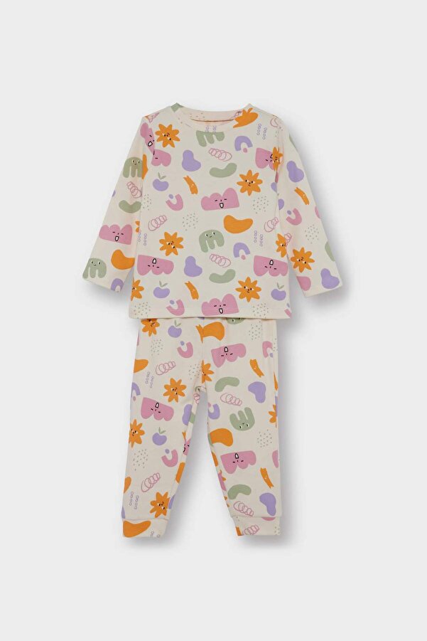 Defacto %100 Pamuklu Desenli Beli Lastikli Pijama Takımı Kız Bebek F0635A525AU