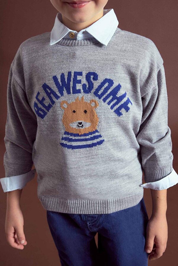 Defacto Bisiklet Yaka Ayı Baskılı Triko Kazak Erkek Bebek F2584A525AU