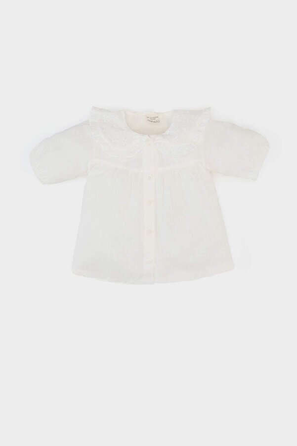 Defacto Dantel Yaka Flamlı Poplin Kısa Kollu Gömlek Kız Bebek E8379A525SM