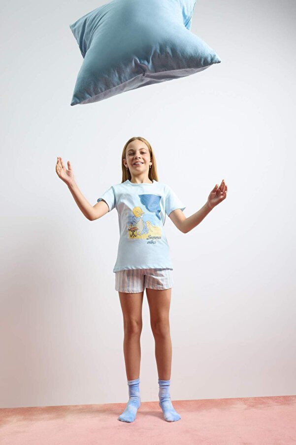 Defacto Pijama Takımı Baskılı Kısa Kollu Üst Beli Lastikli Kısa Şort Kız Çocuk E6232A825SP