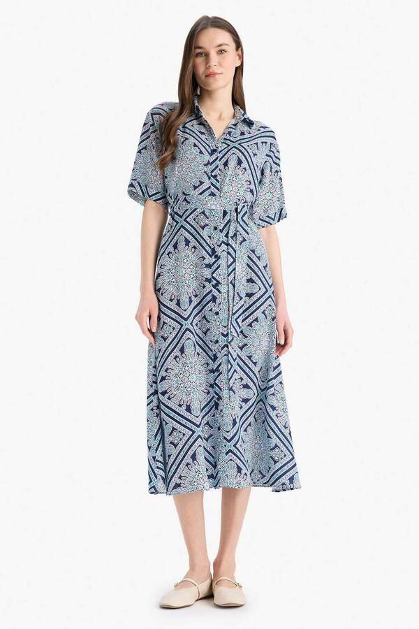 Defacto A-Line Shirt Collar Patterned Lace-Up Short Sleeve Midi Dress D4575Ax25Sp