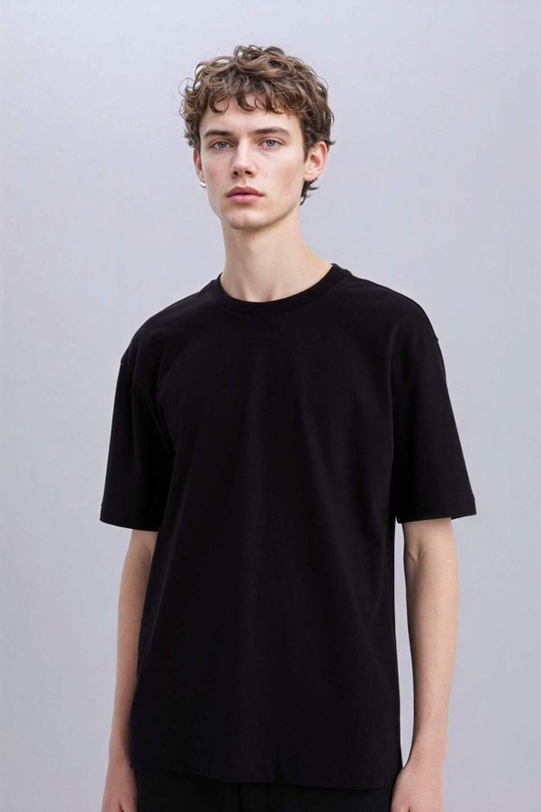Defacto 100% Cotton Oversize Wide Fit Crew Neck Basic Plain Short Sleeve Black T-Shirt E6885Axns