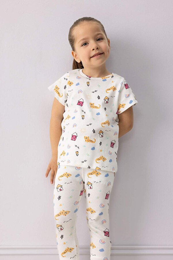 Defacto Pijama Takımı Desenli Kısa Kollu Fitilli Kaşkorse Üst Beli Lastikli Uzun Alt Kız Bebek E1540A525SM