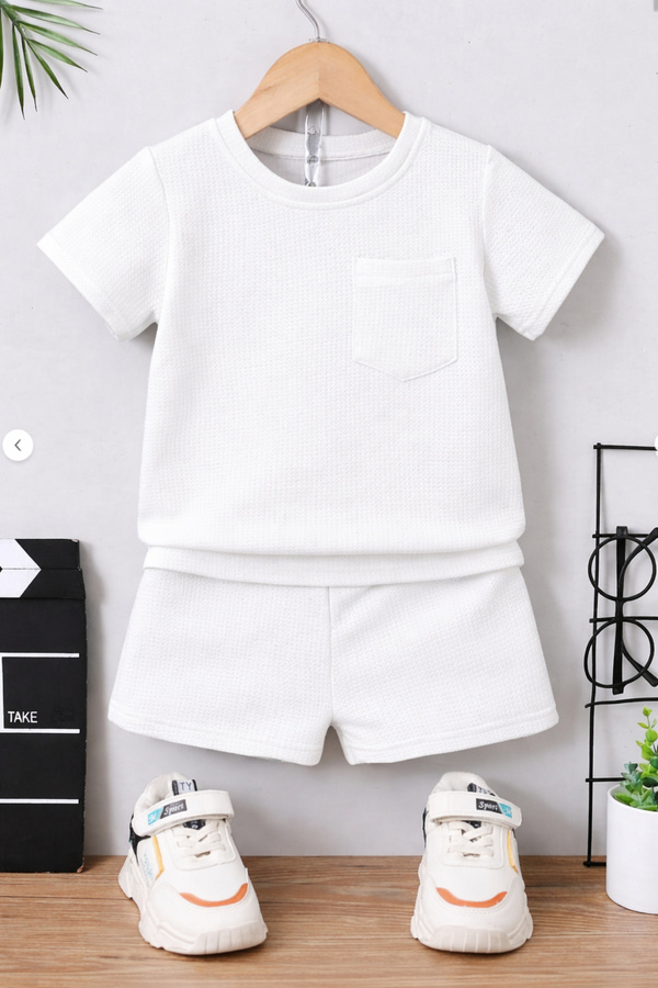 Bubito Waffle Görselli Cep Detaylı Pamuklu Yazlık Bebek Çocuk Şort Takım-Beyaz