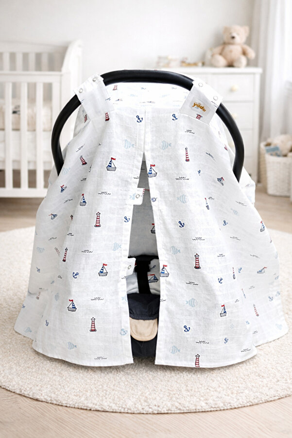 Yada Baby %100 Organik Pamuklu Kumaştan Müslin Tek Kat Minderli Puset Örtüsü Seti