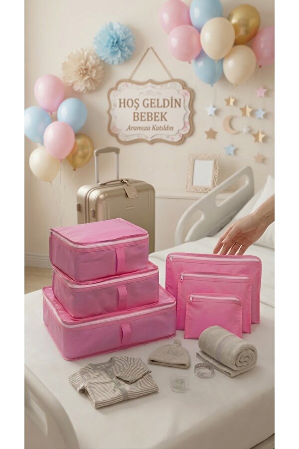 Özlem Toys Lux Baby Doğum Hastane Çıkış Çantası Fileli 6 Parça (Pembe renk)