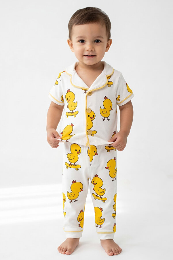 bebegen Unisex Beyaz Sarı Civciv Baskılı Kısa Kollu Pijama Takımı