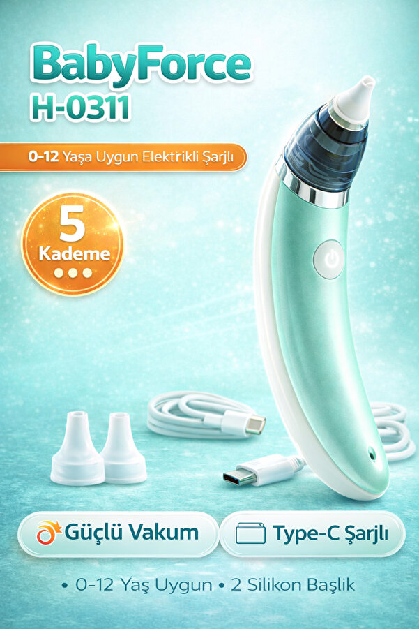 Baby Force BR-8820 0-12 Yaş Şarjlı Bebek Burun Aspiratörü – 5 Kademe Güçlü Vakum