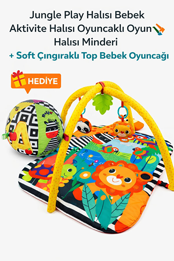 BebeMango Jungle Play Bebek Aktivite Halısı Oyuncaklı Oyun Matı + Soft Çıngıraklı Bebek Topu Hediye
