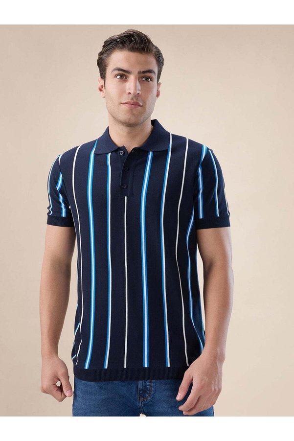 STATUS QUO Striped Regular Fit Navy Polo T-shirt