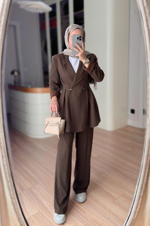 Ka Hijab Double-Breasted Cut Jacket & Pants Set - Brown