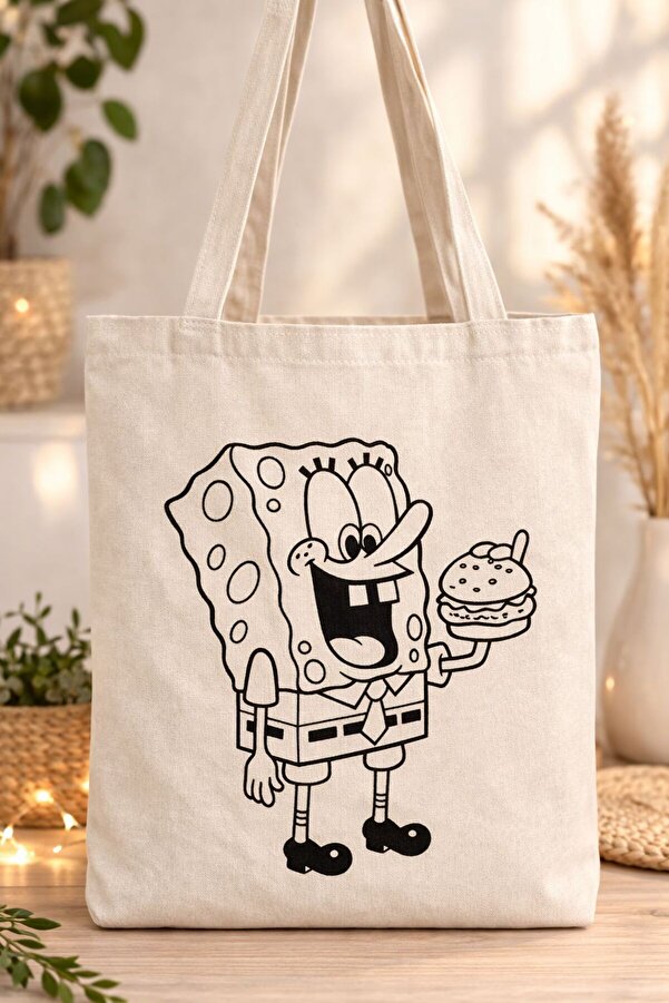 Alindero HAZIR GÖRSEL Bez çanta çocuk boyama çantası SPONGEBOB SÜNGER BOB tote bag Doğum günü hediyesi