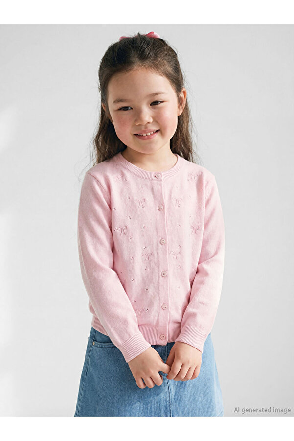 LC Waikiki Pembe Bisiklet Yaka Fiyonk Nakışlı Kız Çocuk Triko Hırka