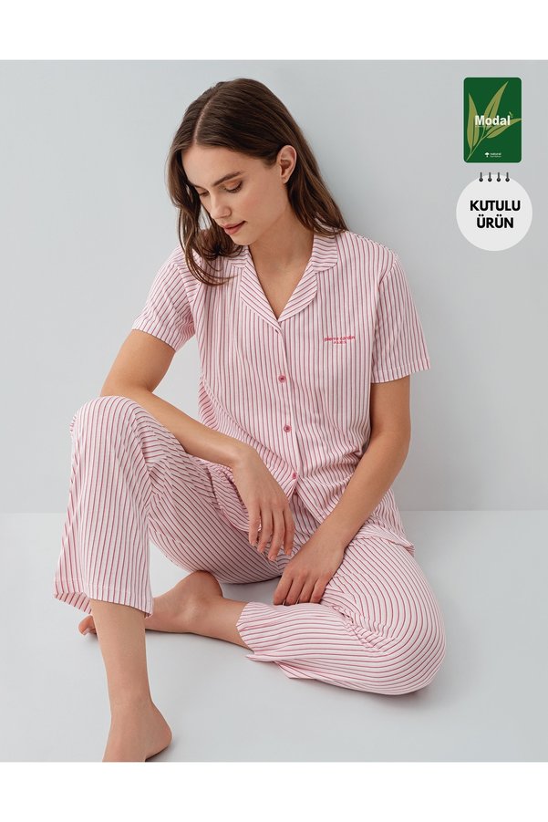 Pierre Cardin Premium Basic Modal Cotton Pcs Short Sleeve Women's Shirt Pajama Set Striped