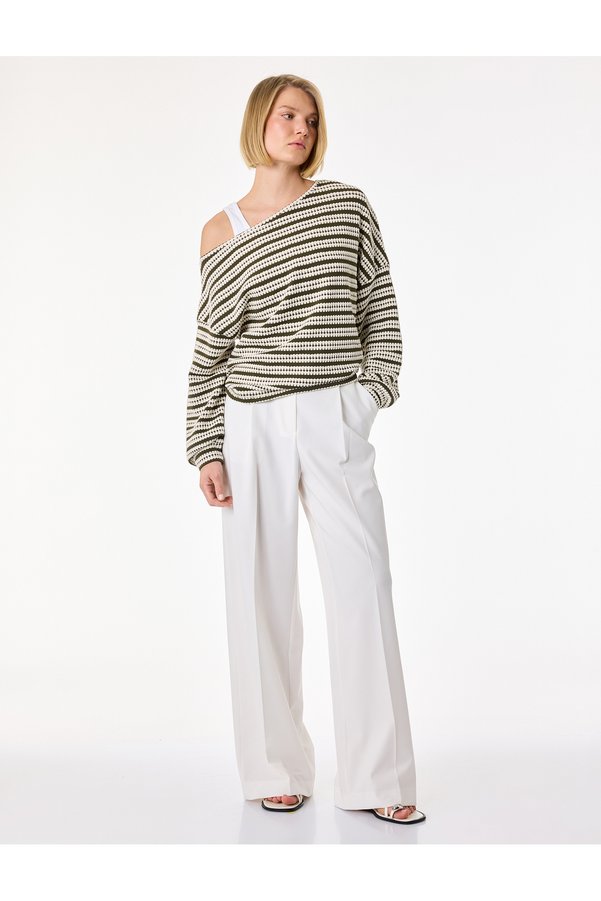 Koton Long Sleeve Asymmetrical Cut Off-Shoulder Striped T-Shirt