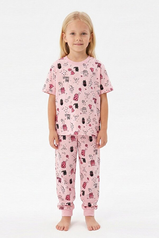 bunny hopp Kız Çocuk %100 Pamuk Süprem Pijama Takımı - Kısa Kollu Manşetli Yazlık Pijama - Pembe Kedi Desenli