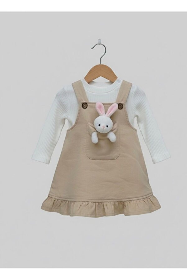 Egelite Kız Bebek Tavşancık Aksesuarlı, Keten Salopet Elbise ve Badili, 2 li, Şık Bayramlık Takım 9-12-18 ay