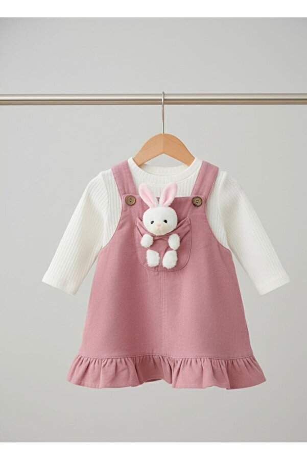 Egelite Kız Bebek Tavşancık Aksesuarlı, Keten Salopet Elbise ve Badili, 2 li, Şık Bayramlık Takım 9-12-18 ay