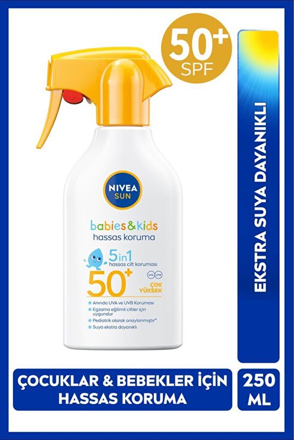 NIVEA SUN SPF50+Çocuk,Bebek İçin Çok Yüksek Korumalı Güneş Spreyi 250 ml,Hassas Cilde Özel,Parfüm İçermez