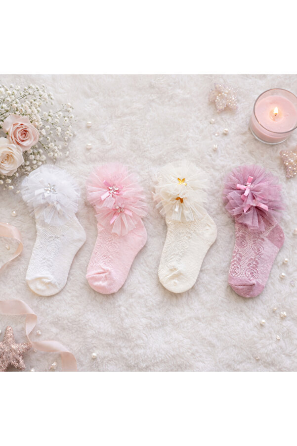 Happy Baby Butik Kız Bebek %100 Pamuk Tüllü Tokalı 4'lü Çorap Seti