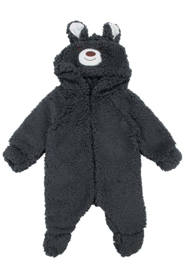bebegen Unisex Füme Ayı Nakışlı Kapşonlu Peluş Tulum