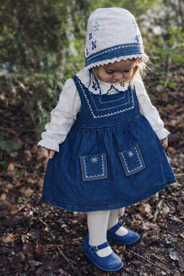 ALAMODECOR %100 Pamuk Kız Bebek Yakası İşlemeli Gömlekli Kot Jean Elbise Bayramlık