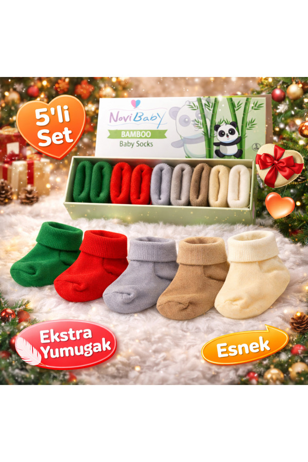 Novibaby 5'li Bambu Yenidoğan Bebek Çorap I Winter I Kız Erkek Bebek Çorabı