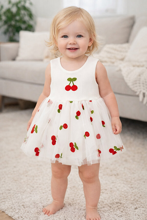 Beniizle Kiraz Detaylı Tüllü Çıtçıtlı Zıbın Elbise (%100 Pamuk)