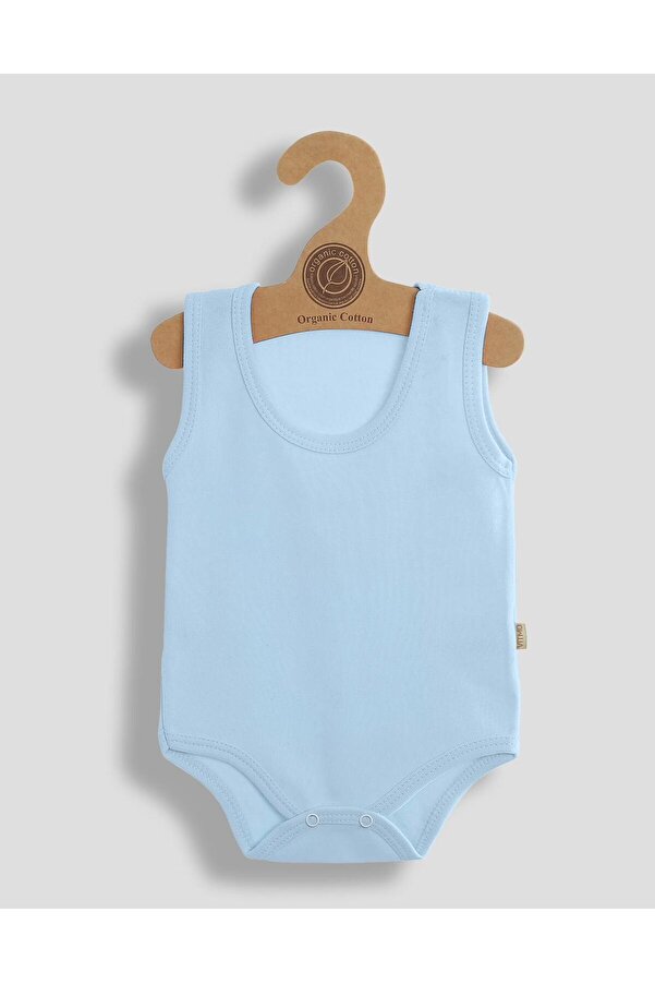 vitmo Çıtçıtlı Bebek Body Zıbın Askılı Düz Mavi Renk , %100 Organic Pamuk